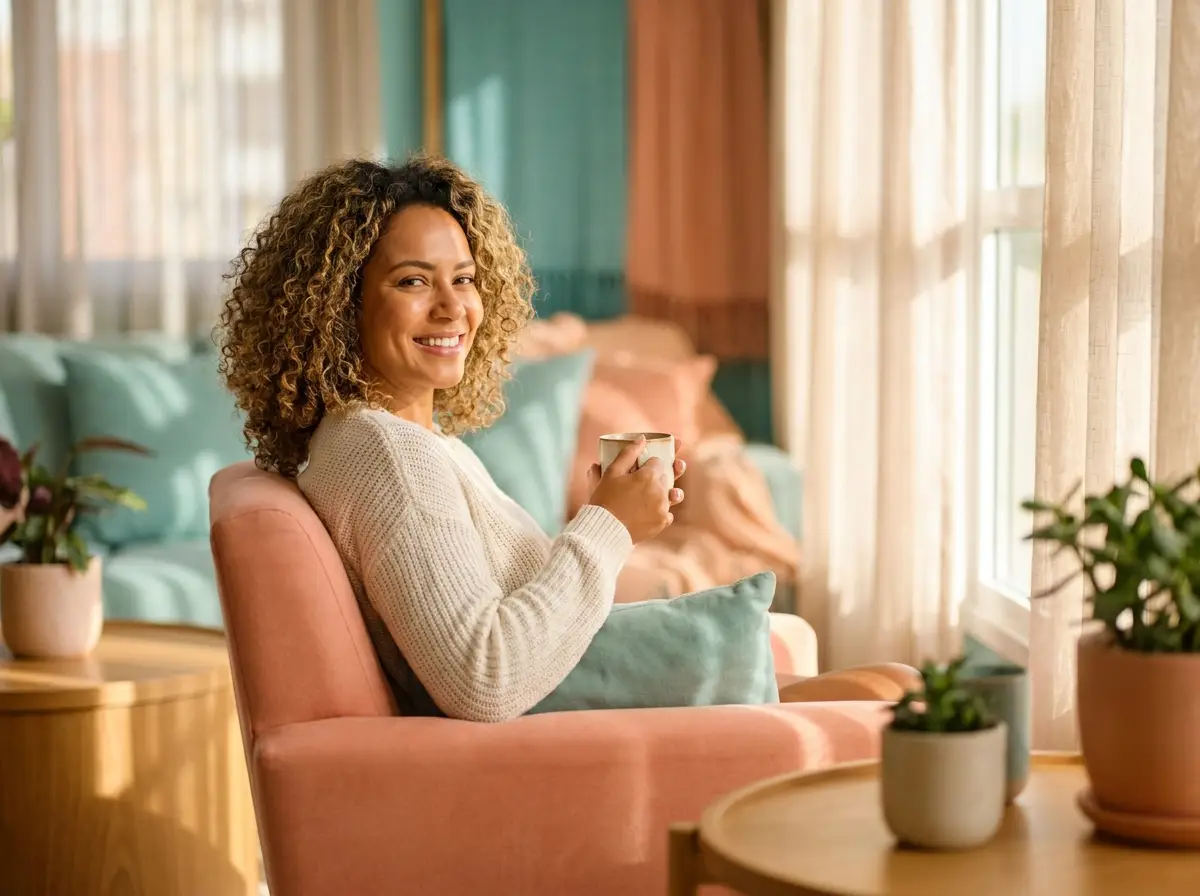Mulher serena e confiante em um ambiente acolhedor e iluminado